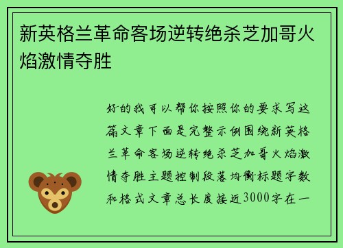 新英格兰革命客场逆转绝杀芝加哥火焰激情夺胜